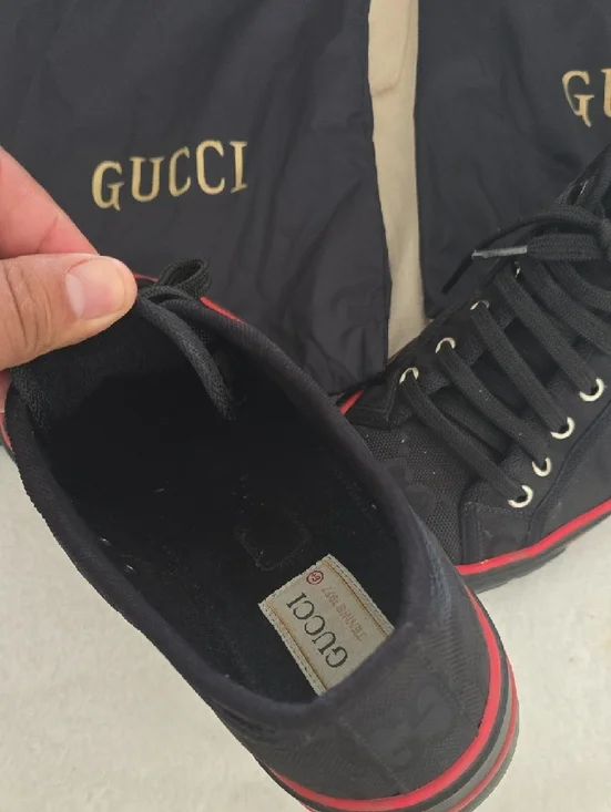 Gucci Men’s Black Canvas Low-Top Sneakers with Red & Green Web Stripe - Picture 2 of 7